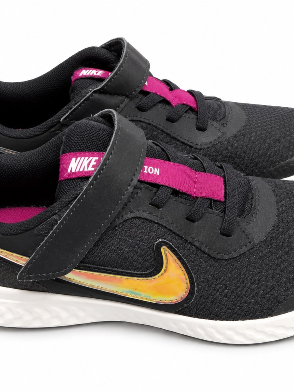 Nike Kids Black and Pink Sneakers with Iridescent Gold Swoosh